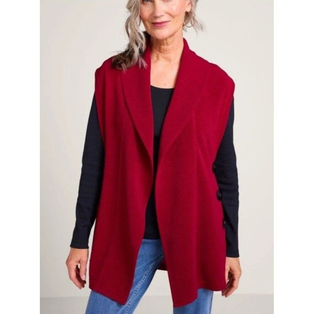 Soft Surroundings Red Jacquard Mesa Black Button Vest XS Lagenlook Made in USA - Picture 6 of 11